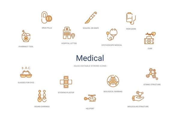 Medical concept 14 colorful outline icons. 2 color blue stroke i — 스톡 벡터