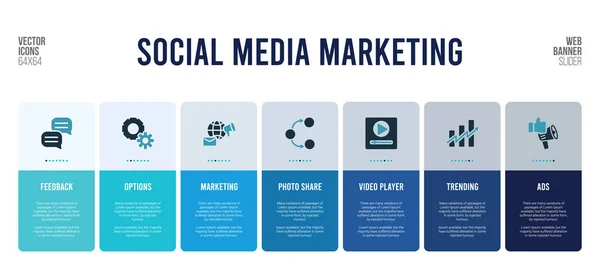 Webbanner Design mit Social Media Marketing Konzeptelementen. — Stockvektor