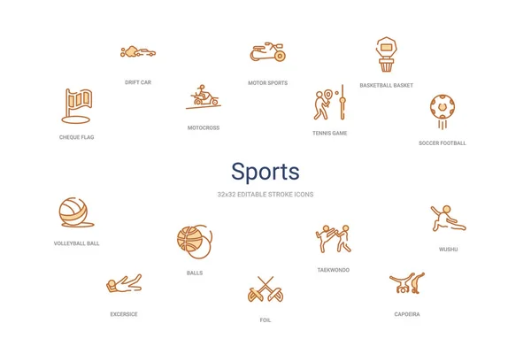 Sport-Konzept 14 bunte Umrisse Symbole. 2 Farbe blauer Strich ic — Stockvektor