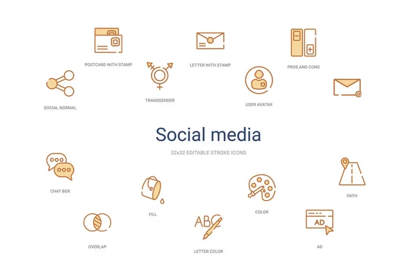 Concept de médias sociaux 14 icônes contour coloré. 2 couleur bleu str — Image vectorielle