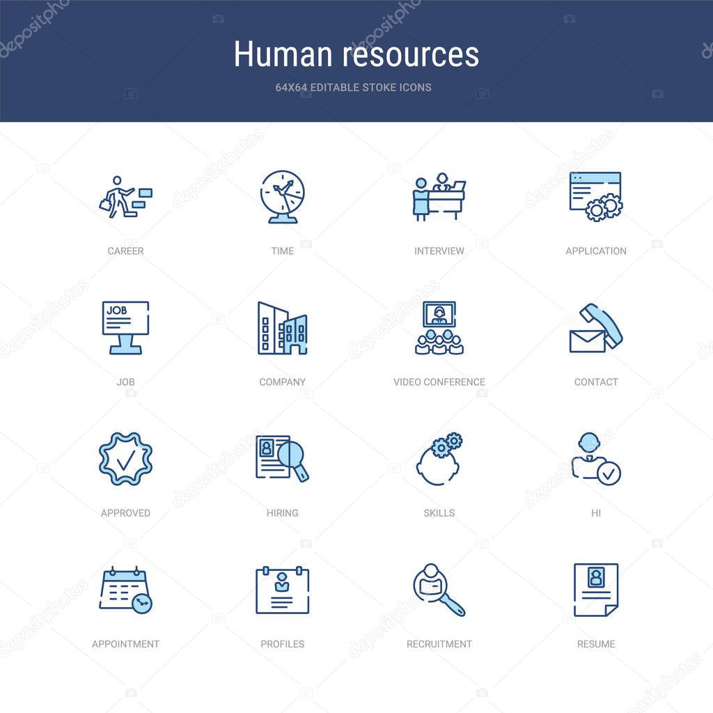 Set of 16 vector stroke icons such as resume, recruitment, profiles, appointment, hi, skills from human resources concept. can be used for web, logo, ui\u002fux