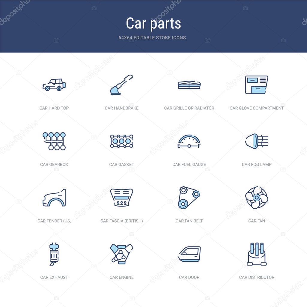 Set of 16 vector stroke icons such as car distributor cap, car door, car engine, exhaust, fan, fan belt from parts concept. can be used for web, logo, ui\u002fux