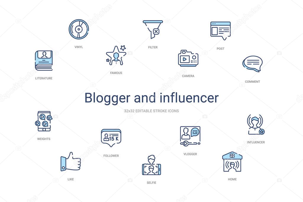Blogger and influencer concept 14 colorful outline icons. 2 color blue stroke icons
