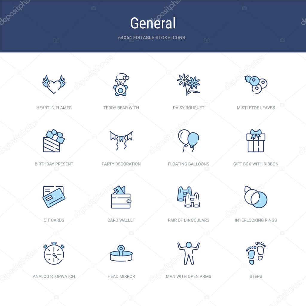 Set of 16 vector stroke icons such as steps, man with open arms, head mirror, analog stopwatch, interlocking rings, pair of binoculars from general concept. can be used for web, logo, ui\u002fux