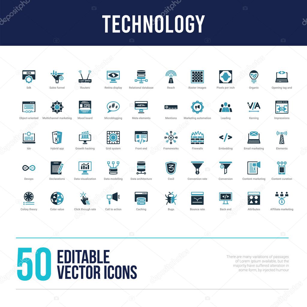 50 technology concept filled icons