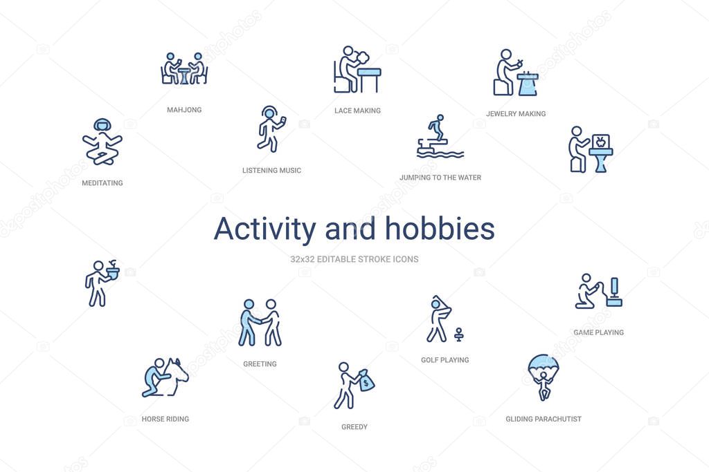activity and hobbies concept 14 colorful outline icons. 2 color 