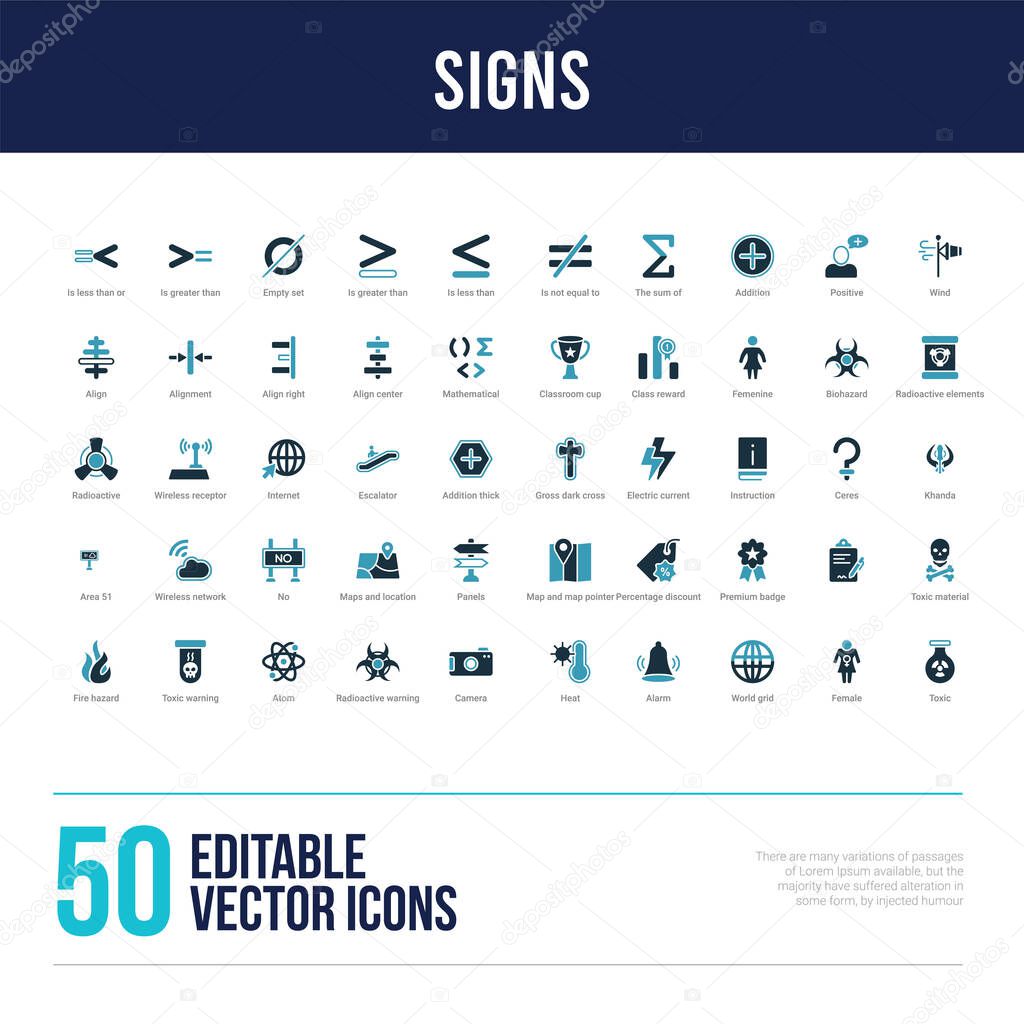 50 signs concept filled icons