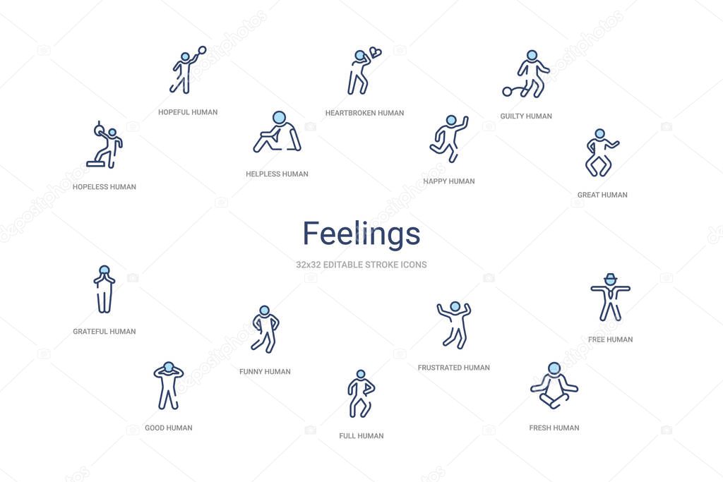 Feelings concept 14 colorful outline icons. 2 color blue stroke icons