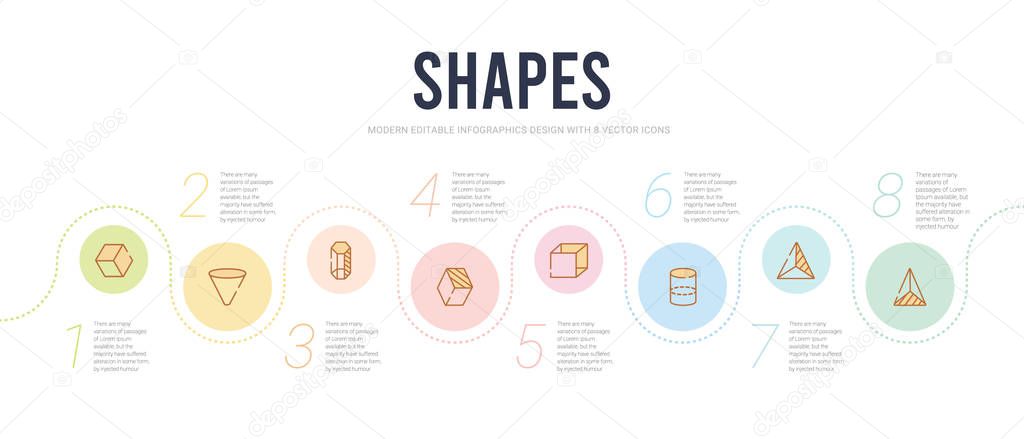 Shapes concept infographic design template. included triangular pyramid from top view, triangular pyramid volumetrical shape, cylinder volumetrical, rectangular prism volume, rectangular prism,