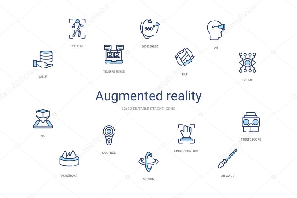 Augmented reality concept 14 colorful outline icons. 2 color blue stroke icons