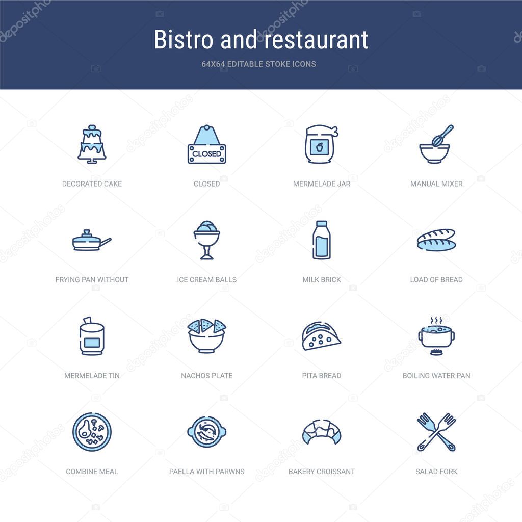 set of 16 vector stroke icons such as salad fork, bakery croissa