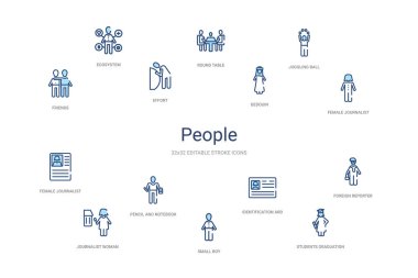 İnsanlar konsept 14 renkli taslak simgeleri. 2 renk mavi kulaç