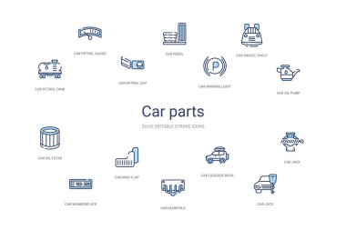 Araba parçaları konsepti 14 renkli taslak simgeleri. 2 renk mavi vuruş