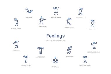 Duygular konsepti 14 renkli taslak simgeleri. 2 renk mavi vuruş 