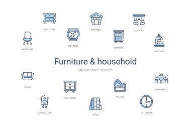 Mobilya ve ev konsepti 14 renkli taslak simgeleri. 2 renk