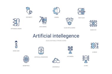 Yapay zeka kavramı 14 renkli taslak simgesi. 2 sütun