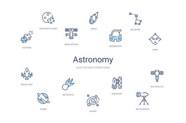 Astronomi konsepti 14 renkli taslak simgeleri. 2 renk mavi vuruş