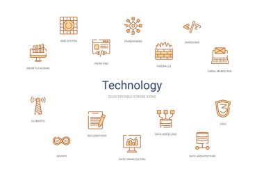 Teknoloji konsepti 14 renkli taslak simgeleri. 2 renk mavi vuruş