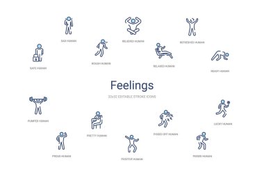 Duygular konsepti 14 renkli taslak simgeleri. 2 renk mavi vuruş 