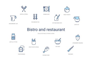 Bistro ve restoran konsepti 14 renkli taslak simgesi. 2 renk