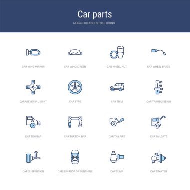 set of 16 vector stroke icons such as car starter, car sump, car clipart
