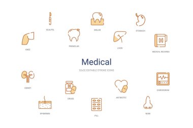 Tıbbi konsept 14 renkli taslak simgeleri. 2 renk mavi vuruş!