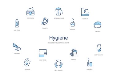 Hijyen konsepti 14 renkli taslak simgeleri. 2 renk mavi vuruş!