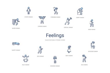 feelings concept 14 colorful outline icons. 2 color blue stroke  clipart
