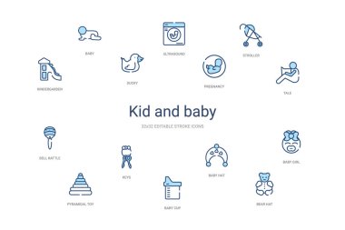 çocuk ve bebek konsepti 14 renkli taslak simgeleri. 2 renk mavi str