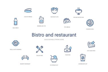 Bistro ve restoran konsepti 14 renkli taslak simgesi. 2 renk