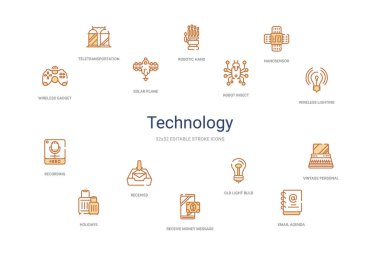 Teknoloji konsepti 14 renkli taslak simgeleri. 2 renk mavi vuruş