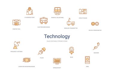 Teknoloji konsepti 14 renkli taslak simgeleri. 2 renk mavi vuruş
