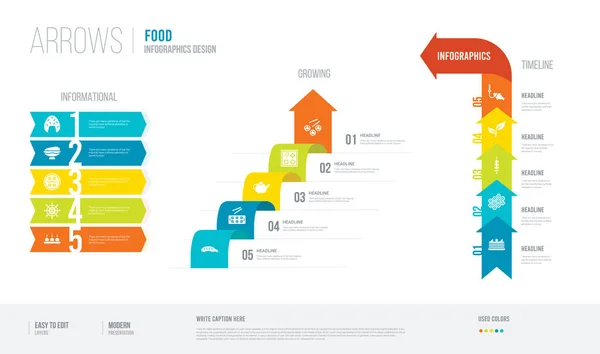 Flèches style infogaphics conception du concept alimentaire. infographie v — Image vectorielle