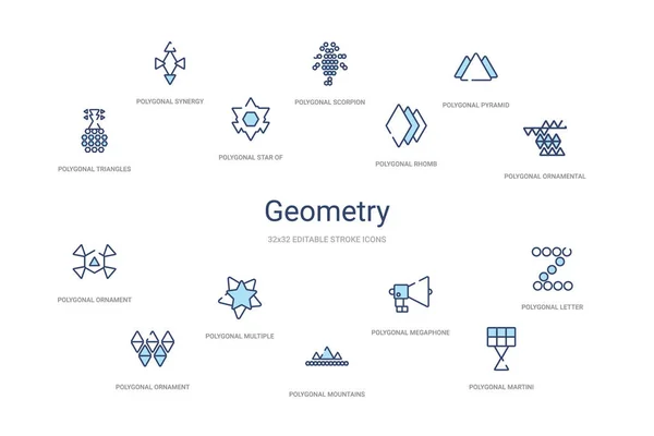 Geometrie concept 14 kleurrijke outline iconen. 2 kleuren blauwe streep — Stockvector
