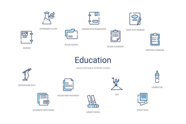 Концепция образования 14 красочных контуров иконок. 2 Цвет синий штрих
