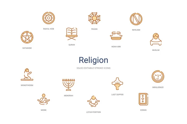 Concetto di religione 14 icone colorate contorno. 2 colore blu ictus — Vettoriale Stock
