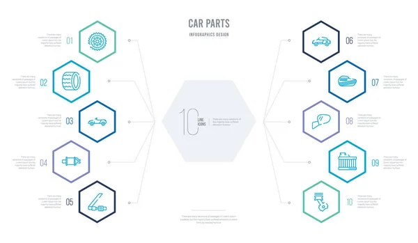 Concepto de piezas de coche diseño infográfico de negocios con 10 hexágono op — Vector de stock