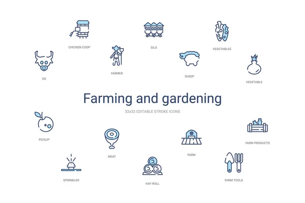 Agriculture et jardinage concept 14 icônes contour coloré. 2 couleurs — Image vectorielle