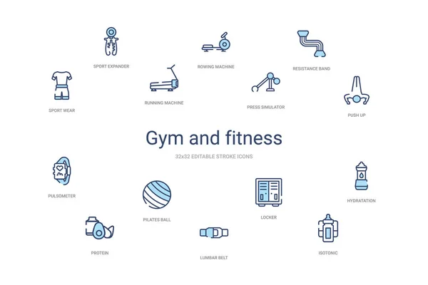 Gimnasio y fitness concepto 14 iconos de contorno de colores. 2 color azul — Vector de stock