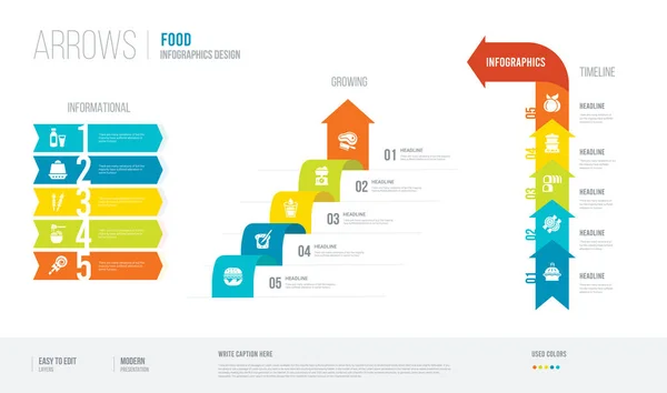 Flèches style infogaphics conception du concept alimentaire. infographie v — Image vectorielle