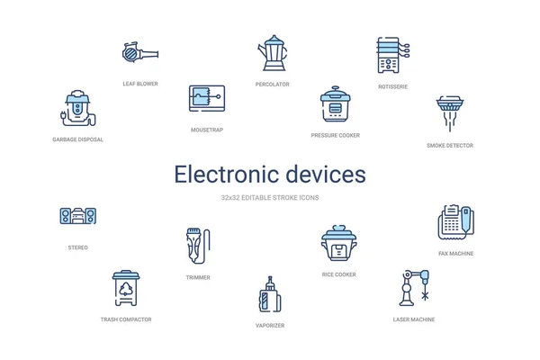 Concepto de dispositivos electrónicos 14 iconos de contorno de colores. 2 colores bl — Vector de stock