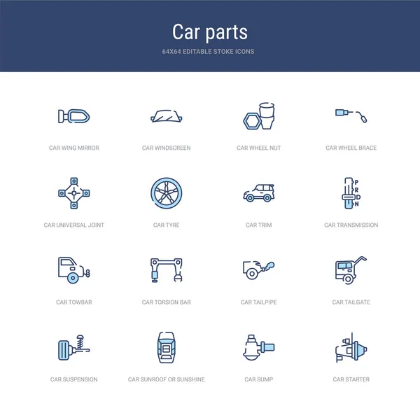 Set of 16 vector stroke icons such as car starter, car sump, car — Stock Vector