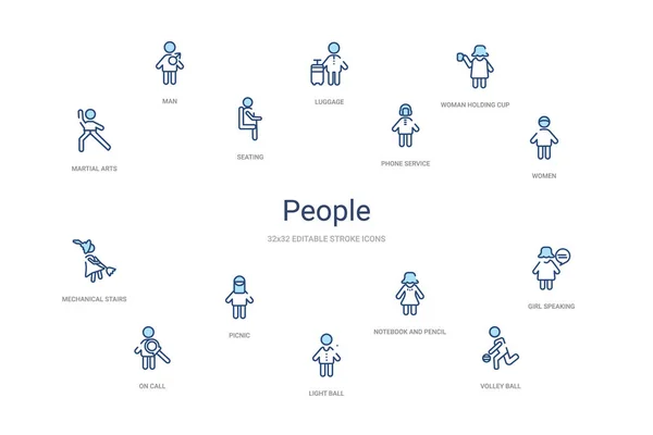 Concepto de personas 14 iconos de contorno de colores. 2 color azul trazo ic — Vector de stock