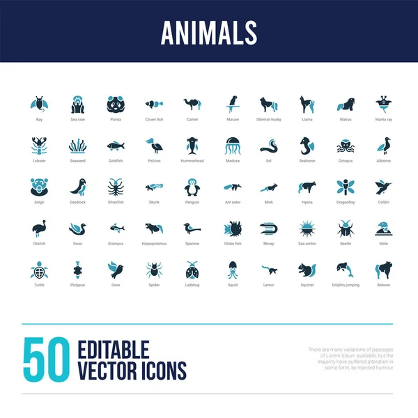 Iconos llenos concepto de 50 animales — Vector de stock