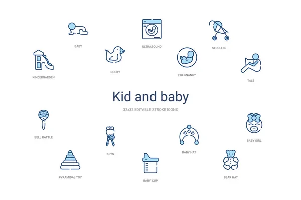 Kinder- und Babykonzept 14 bunte Umrisssymbole. 2 Farbe blau str — Stockvektor