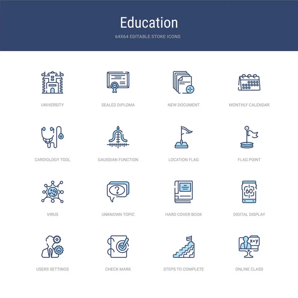 Set of 16 vector stroke icons such as online class, steps to com — 스톡 벡터