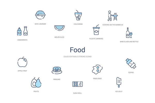 Conceito de comida 14 ícones esboço colorido. ícone de curso azul de 2 cores —  Vetores de Stock