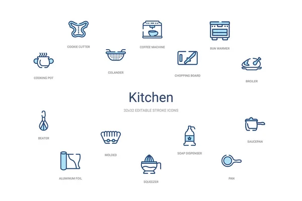 Concepto de cocina 14 iconos de contorno de colores. 2 color azul trazo i — Vector de stock