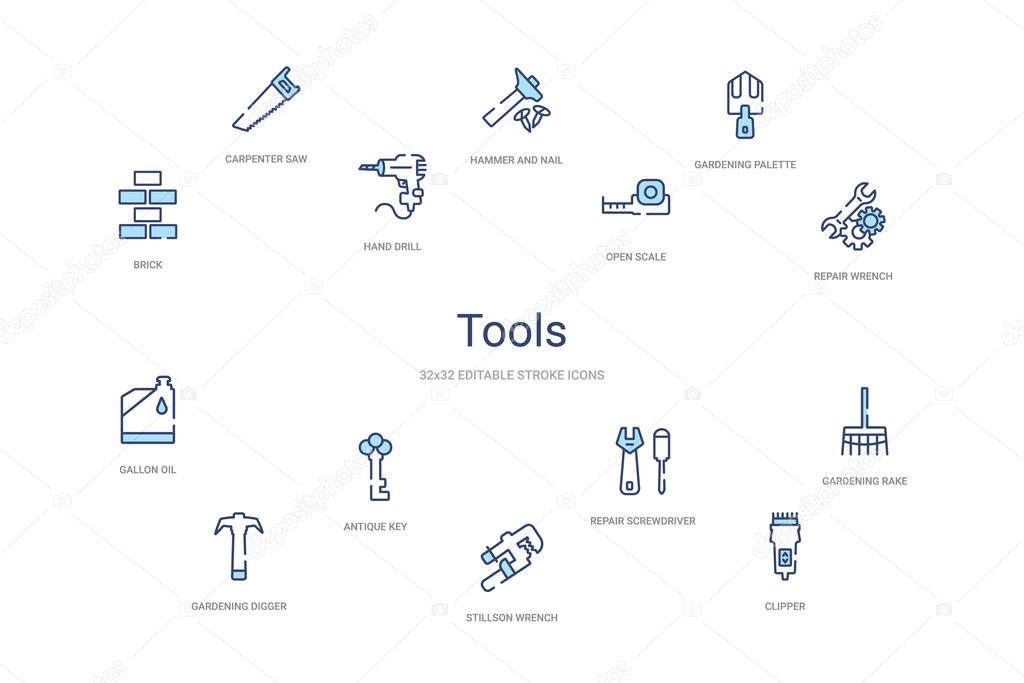 tools concept 14 colorful outline icons. 2 color blue stroke ico