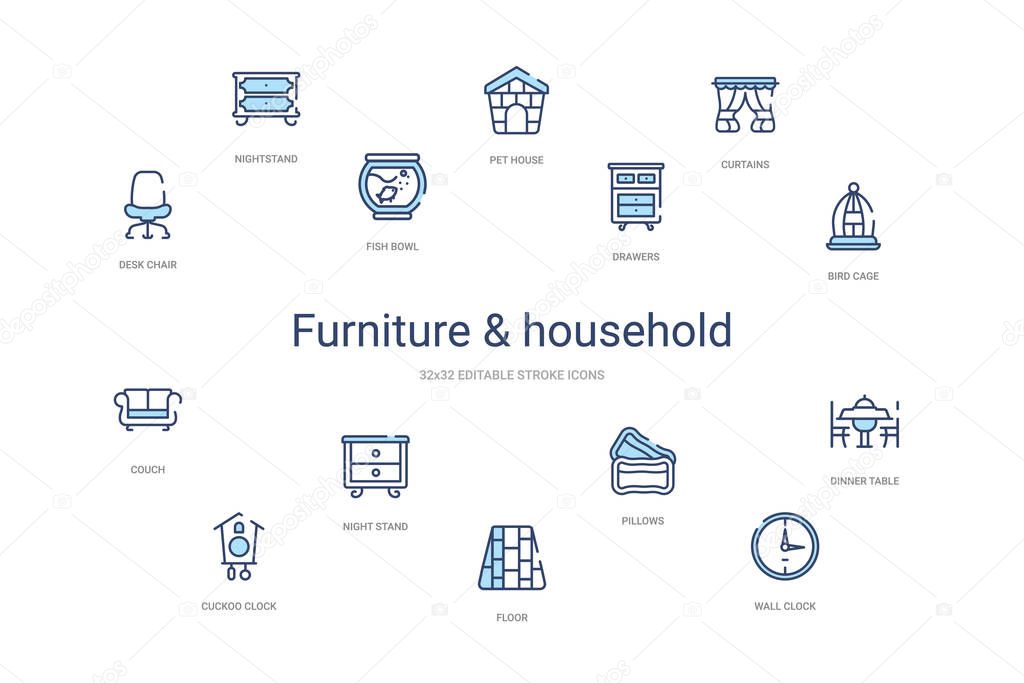 furniture & household concept 14 colorful outline icons. 2 color